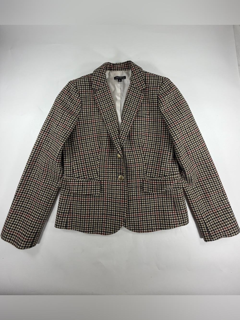 J.Crew Mercantile Wool Blend Houndstooth Plaid Blazer Gold Buttons Size 8
